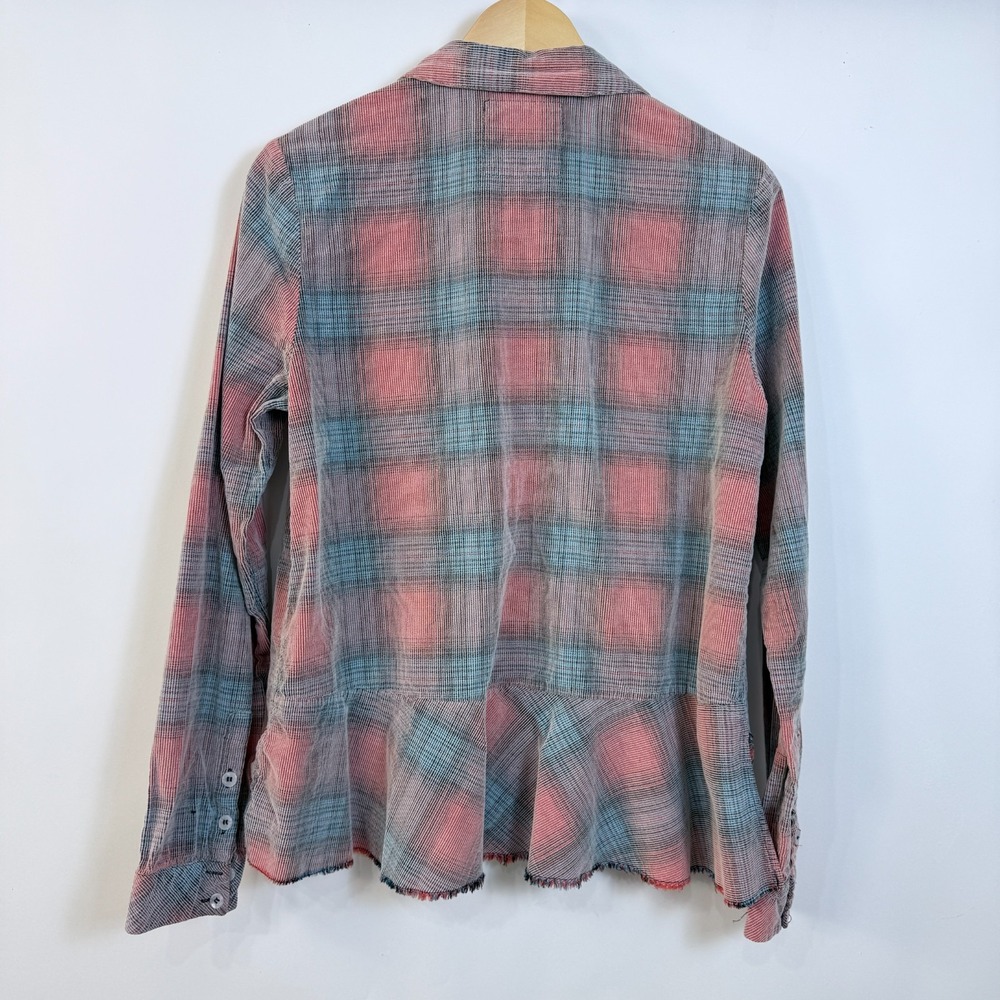 We the Free Plaid Ribbed Button Up Shirt Womens M Pink Blue Raw Hem Ruffle Back - Picture 3 of 10